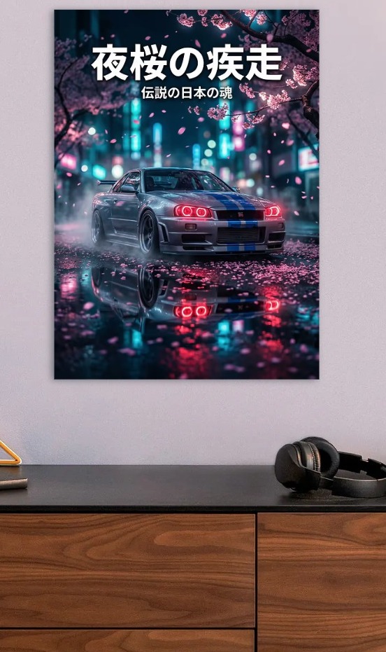 Nissan Skyline GT-R R34 Night Cherry Blossom — metal poster wall art by Lineer